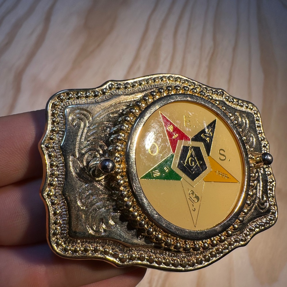 Order of the Eastern Star Belt Buckle Gold Tone OES Masonic Western Made in USA